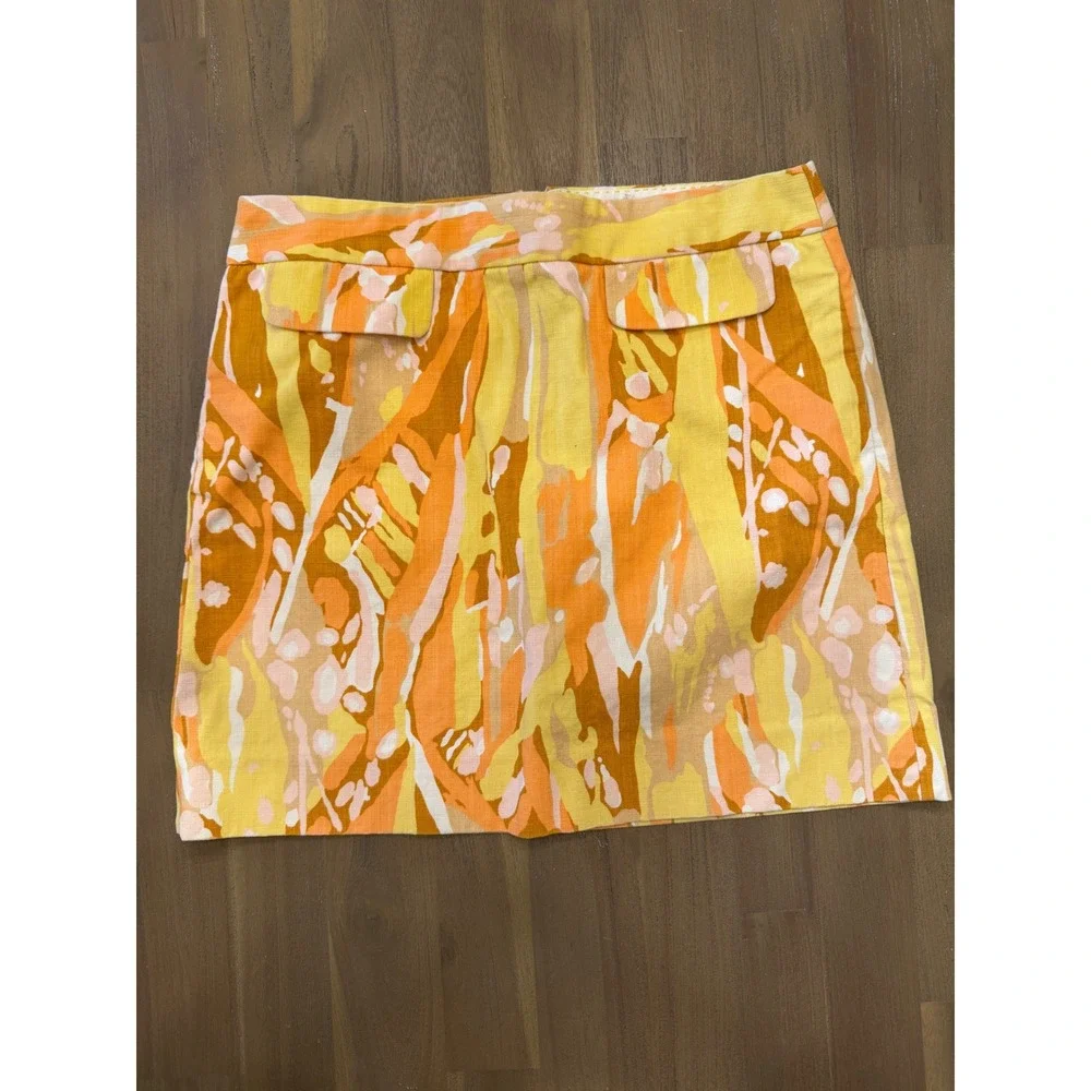 J.Crew Orange Yellow Abstract Print Mini Skirt Size 2 Cotton Stretch Retro